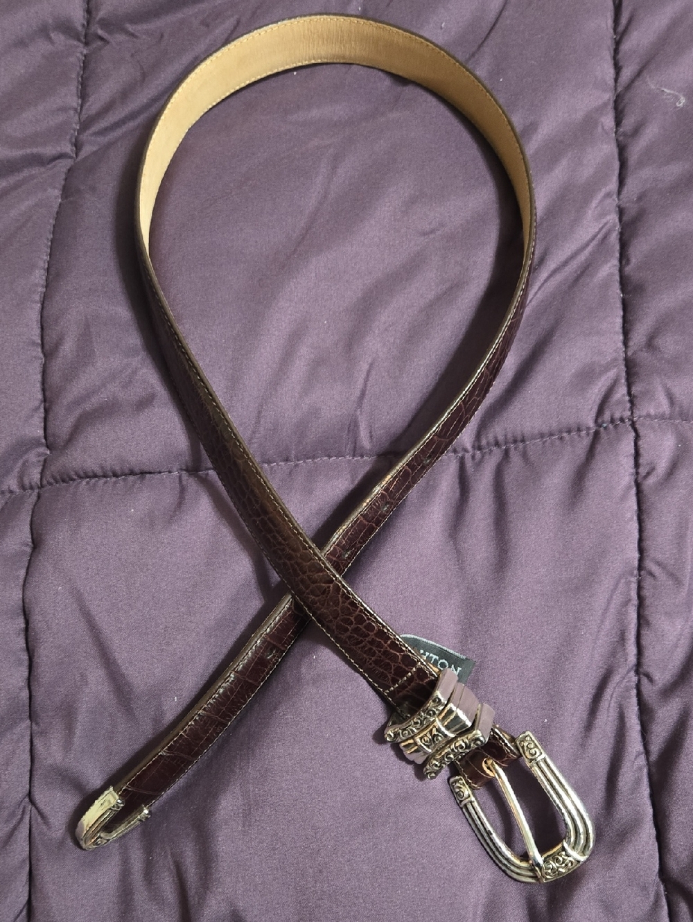 Brighton Dark Brown Croc-Embossed Leather Belt with Black Logo Tag Size Medium